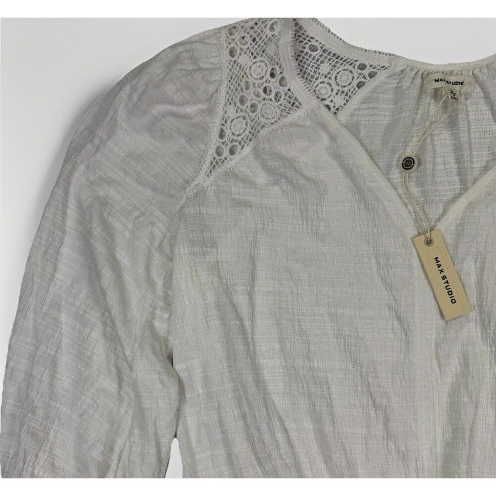 NEW White Tie Front Top Max Studio Small Cottagecore Boho Crochet Lace‎ Gauze - Picture 3 of 10